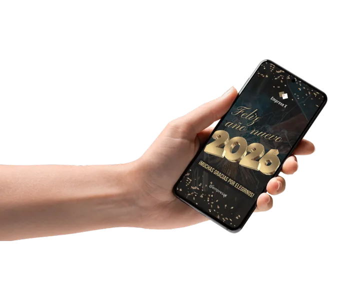 Tarjeta Digital de ejemplo: Feliz 2026 con fondo Industrial. Mano que sostiene un teléfono dónde se muestra el saludo digital (Historia de Instagram / Estado de WhatsApp).